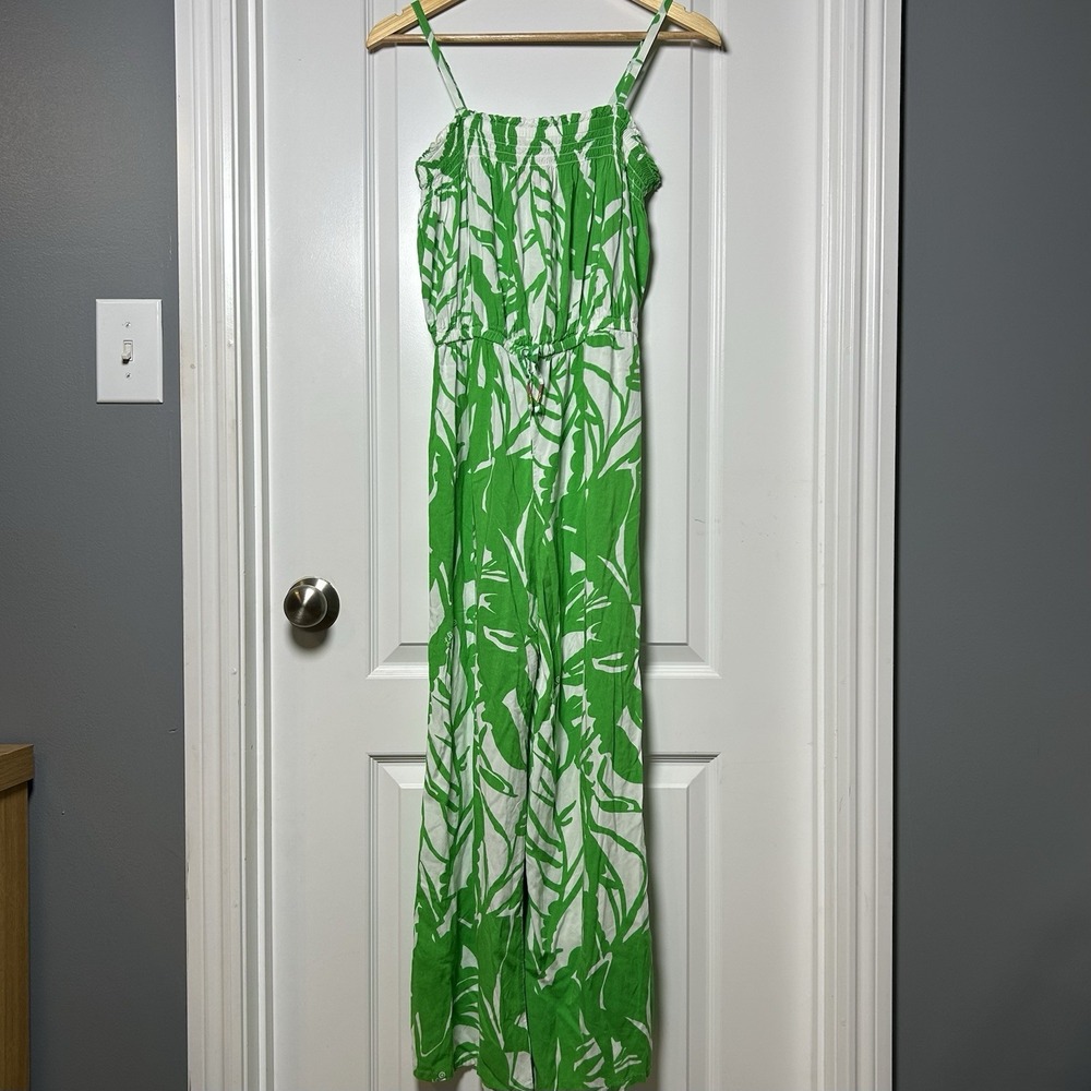 Lilly Pulitzer for Target Green White Tropical Leaf Smocked Wide Leg Jumpsuit